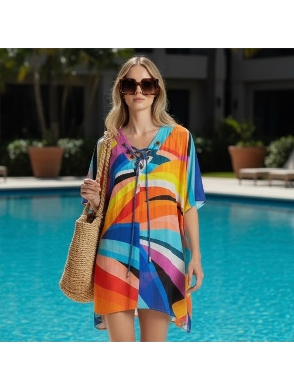 NWT La Blanca Sunscape Lace-Up Tunic Dress / Swim Suit Cover-Up / Kaftan
